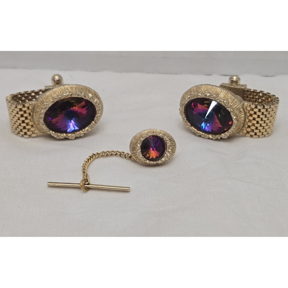 Vintageâ SWANK Mesh Wrap Around Cufflinks & Tie Tack Set Watermelon Rivoli AB...